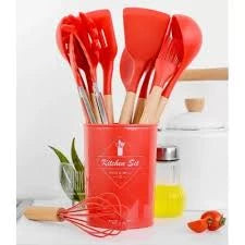 Jogo Kit C/12 Peças Utensílios De Cozinha Colheres Espatula Silicone Cabo Madeira Decoração Livre BPA