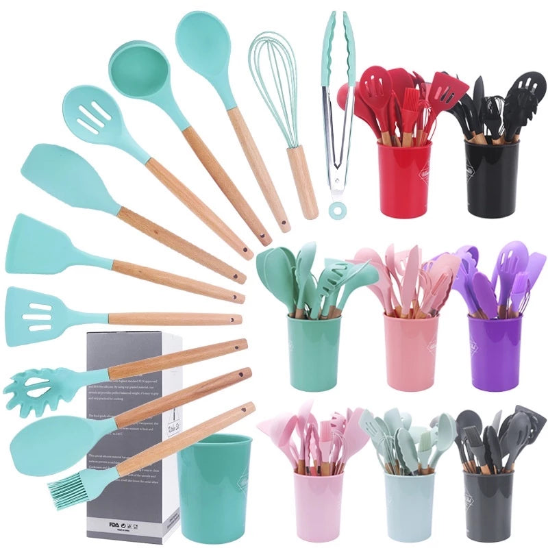 Jogo Kit C/12 Peças Utensílios De Cozinha Colheres Espatula Silicone Cabo Madeira Decoração Livre BPA