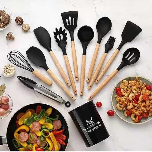 Jogo Kit C/12 Peças Utensílios De Cozinha Colheres Espatula Silicone Cabo Madeira Decoração Livre BPA