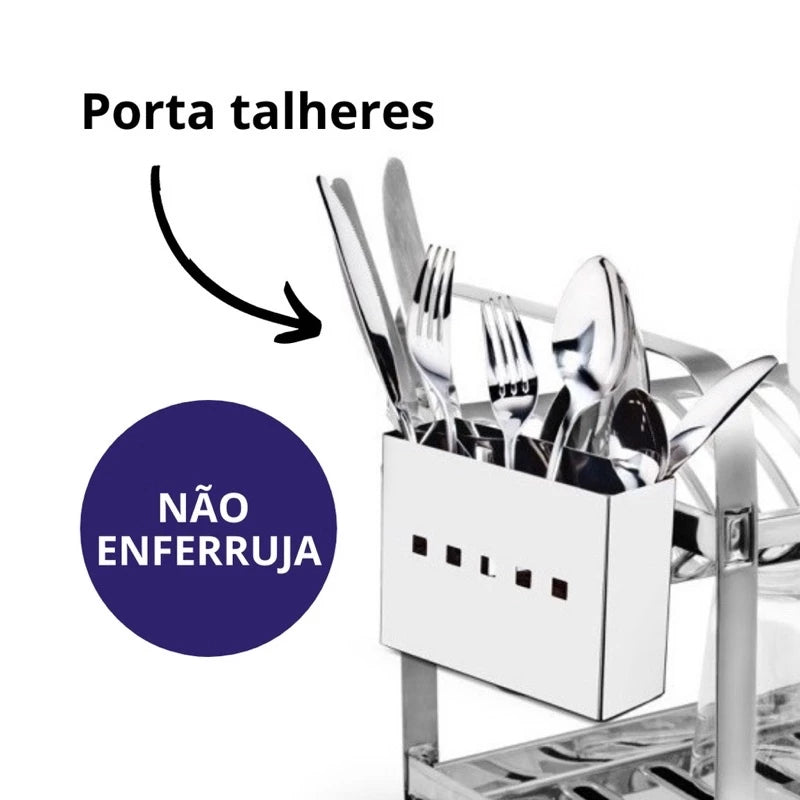 Escorredor Inox 16 Pratos Secador Louca Porta Talheres Inox Mais Bandeja Coletora