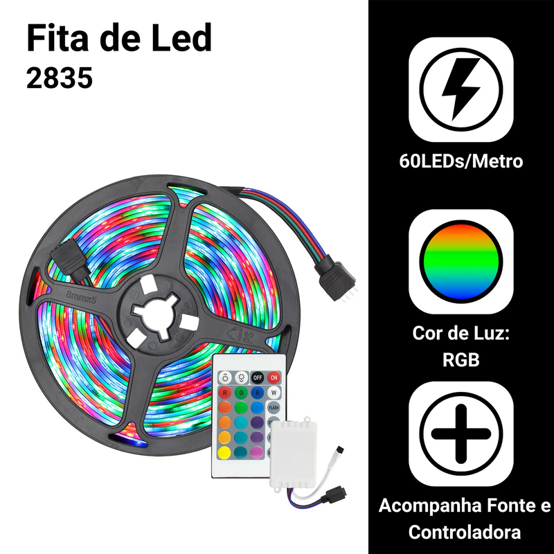 Fita Led 2835 5m Ip65 RGB Silicone + Controlador e Fonte