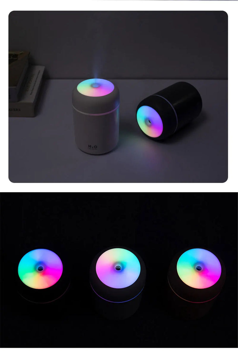 Umidificador de ar ultrassônico portátil, luz colorida, difusor de aroma H2O,