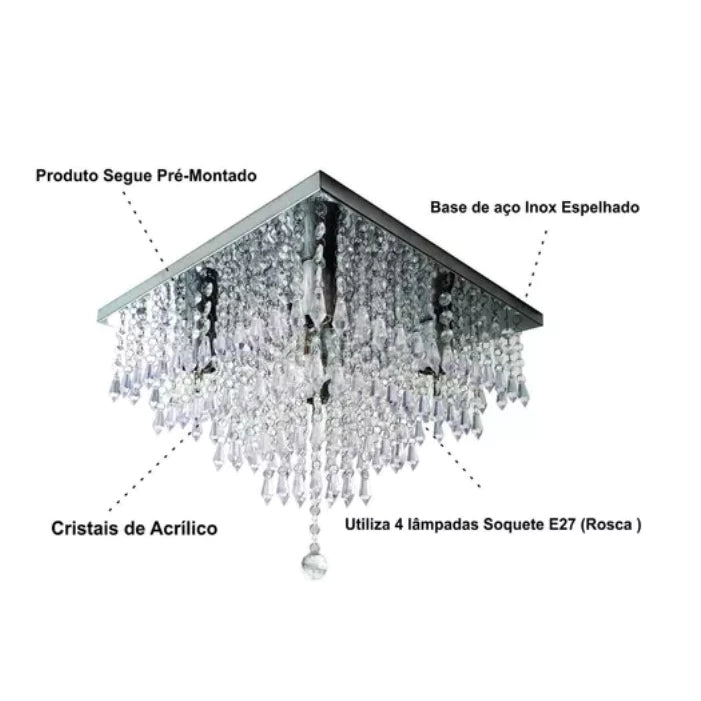 Lustre Supremo Luxo De Cristal Acrílico 40x40 Inox Espelhado Luxo