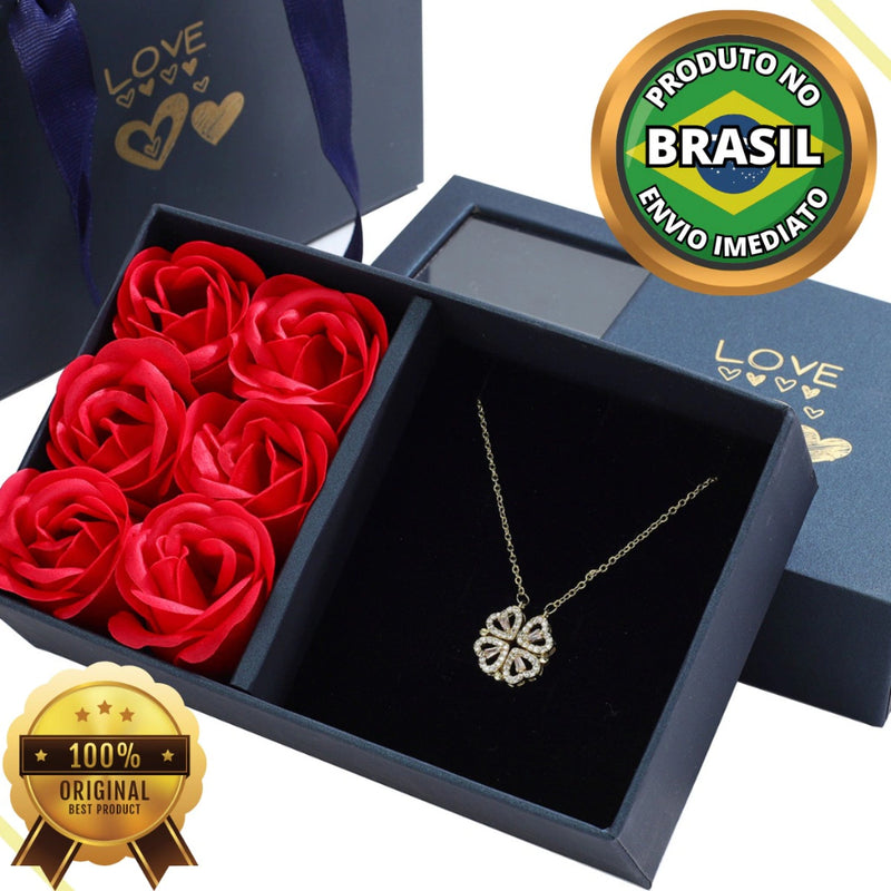 Colar feminino trevo 4 folhas sorte & coração magnético