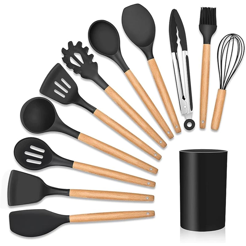 Kit Utensílios Colheres Silicone Madeira 12 Peças