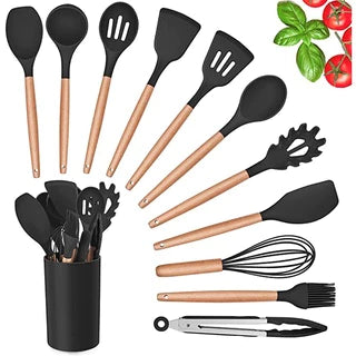 Kit Utensílios Colheres Silicone Madeira 12 Peças