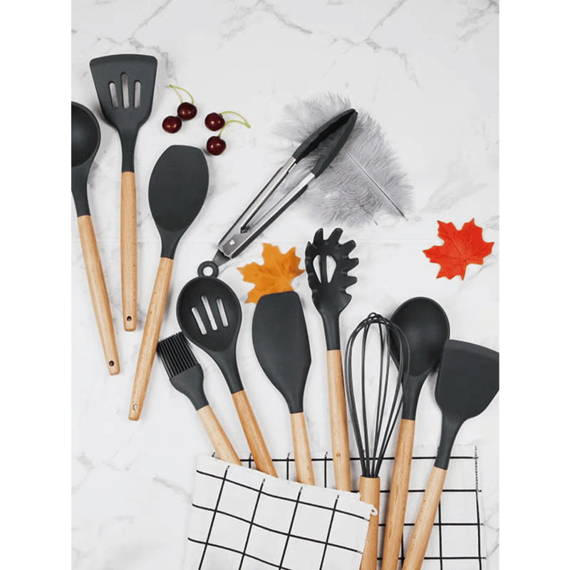 Kit Utensílios Colheres Silicone Madeira 12 Peças