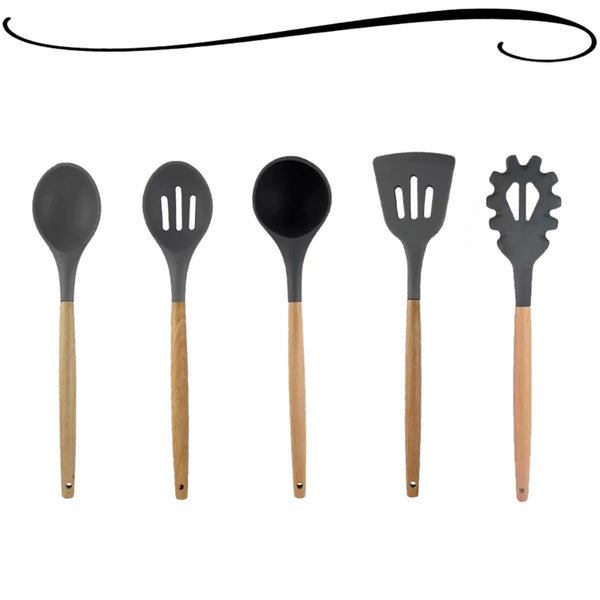 Kit Utensílios Colheres Silicone Madeira 12 Peças