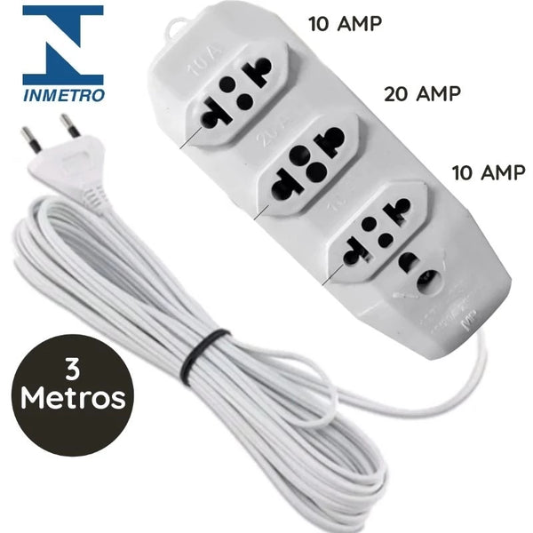 Extensão Elétrica 3 metros Fio Reforçado 2.5mm com 3 tomadas