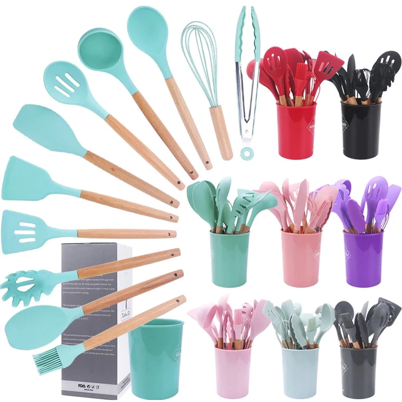 Jogo Kit C/12 Peças Utensílios De Cozinha Colheres Espatula Silicone Cabo Madeira Decoração Livre BPA