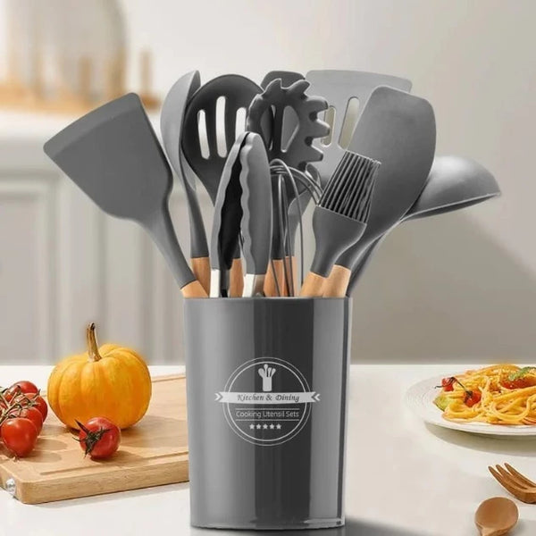 Jogo Kit C/12 Peças Utensílios De Cozinha Colheres Espatula Silicone Cabo Madeira Decoração Livre BPA