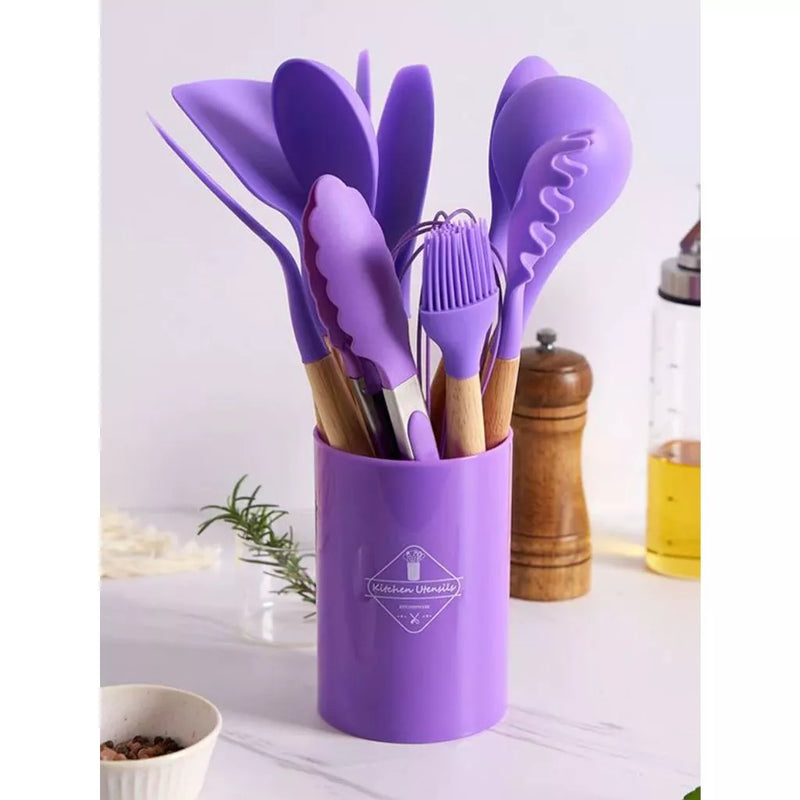 Jogo Kit C/12 Peças Utensílios De Cozinha Colheres Espatula Silicone Cabo Madeira Decoração Livre BPA