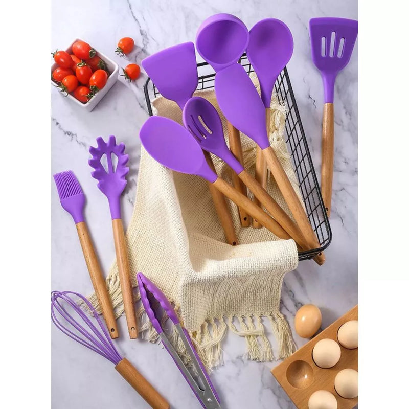 Jogo Kit C/12 Peças Utensílios De Cozinha Colheres Espatula Silicone Cabo Madeira Decoração Livre BPA