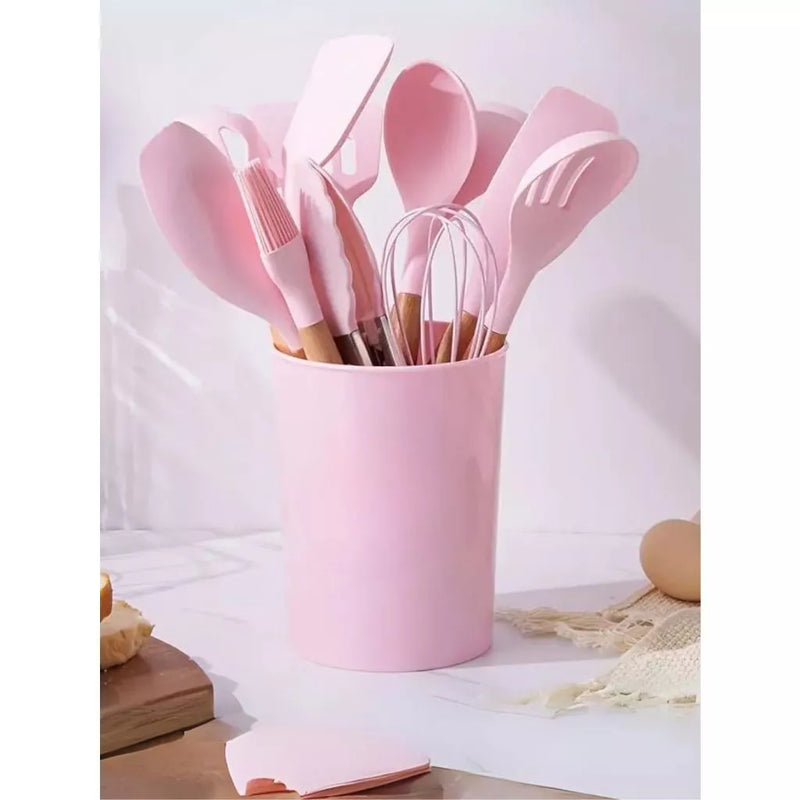 Jogo Kit C/12 Peças Utensílios De Cozinha Colheres Espatula Silicone Cabo Madeira Decoração Livre BPA