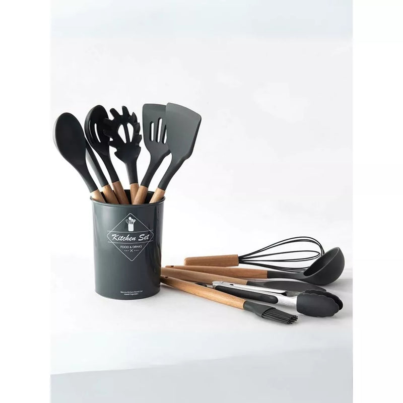 Jogo Kit C/12 Peças Utensílios De Cozinha Colheres Espatula Silicone Cabo Madeira Decoração Livre BPA