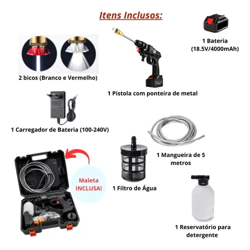 Lava-Jato Portátil Bateria 48V + KIT com Mangueira e 3 Bicos