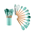 Jogo Kit C/12 Peças Utensílios De Cozinha Colheres Espatula Silicone Cabo Madeira Decoração Livre BPA